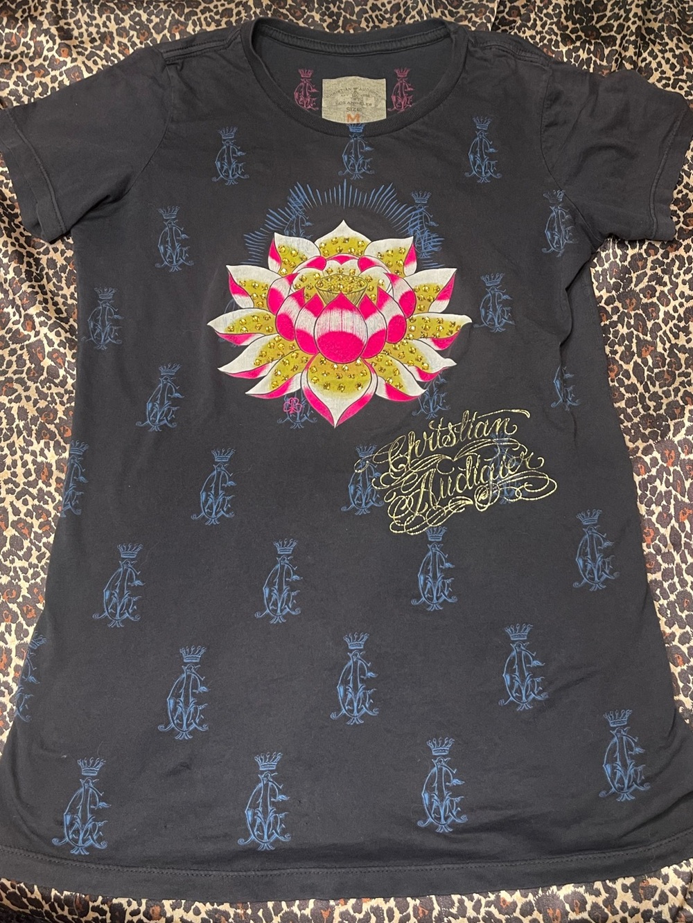 Y2K Christian Audigier Rhinestone Short Sleeve T Shirt